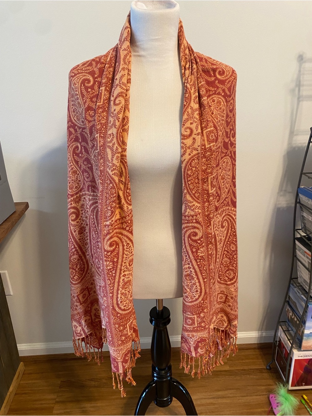 Vintage Rust Orange & Cream Paisley Pashmina Shawl with Fringe Trim